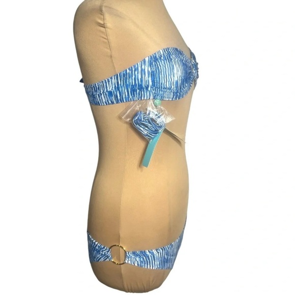 Melissa Odabash Evita aqua blue and white Gold Ring Bandeau Bikini Size Small/6 - Picture 3 of 8